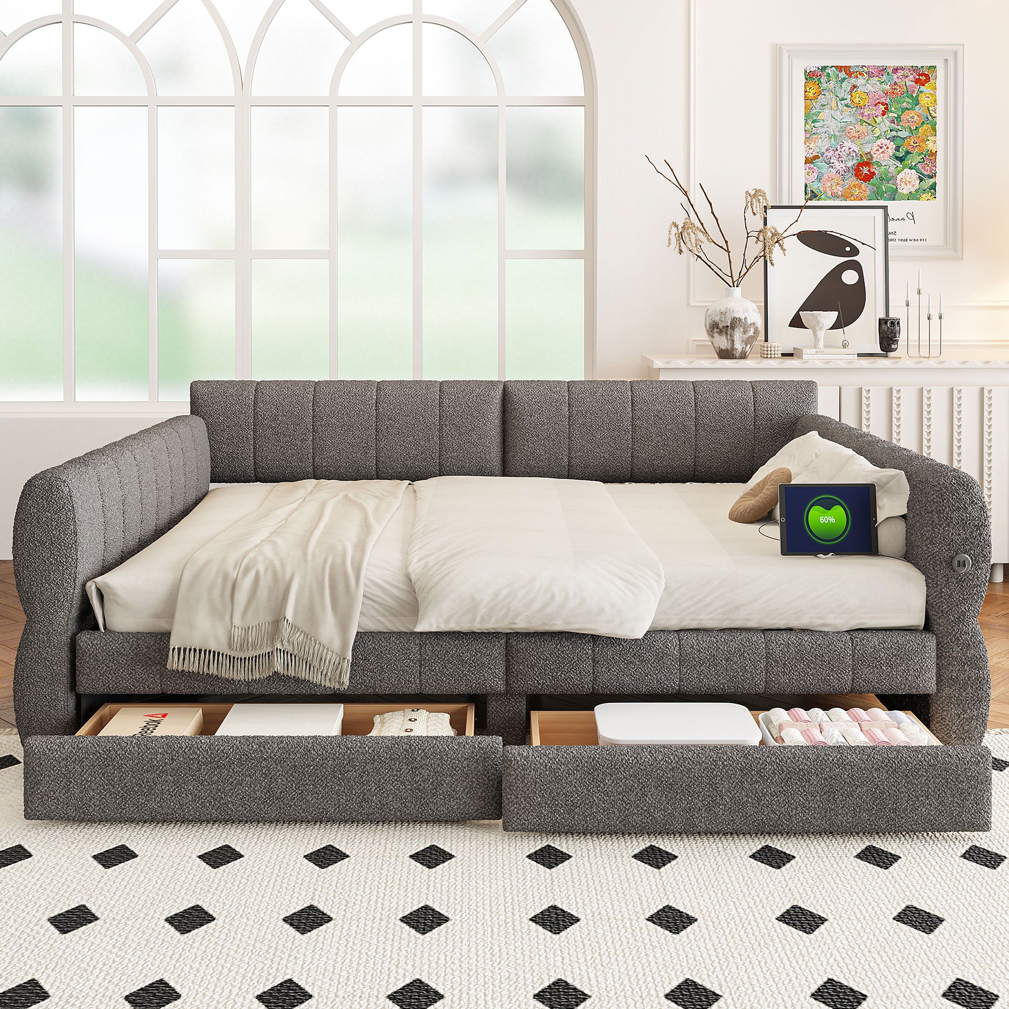 Upholstered Platform Bed With USB Charging And 2 Storage Drawers - Image 6