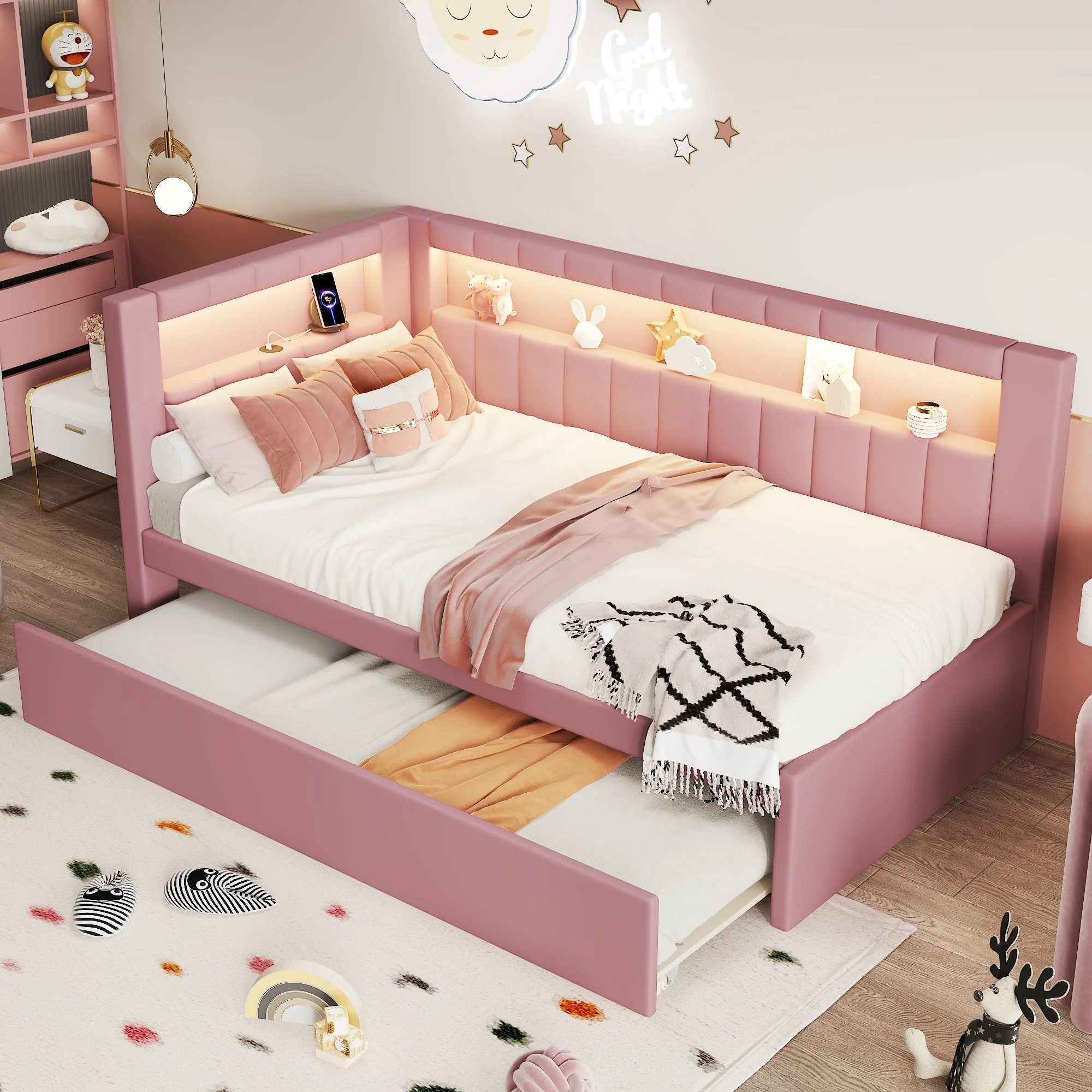 Upholstered Platform Bed With USB Ports And LED Belt - Image 18