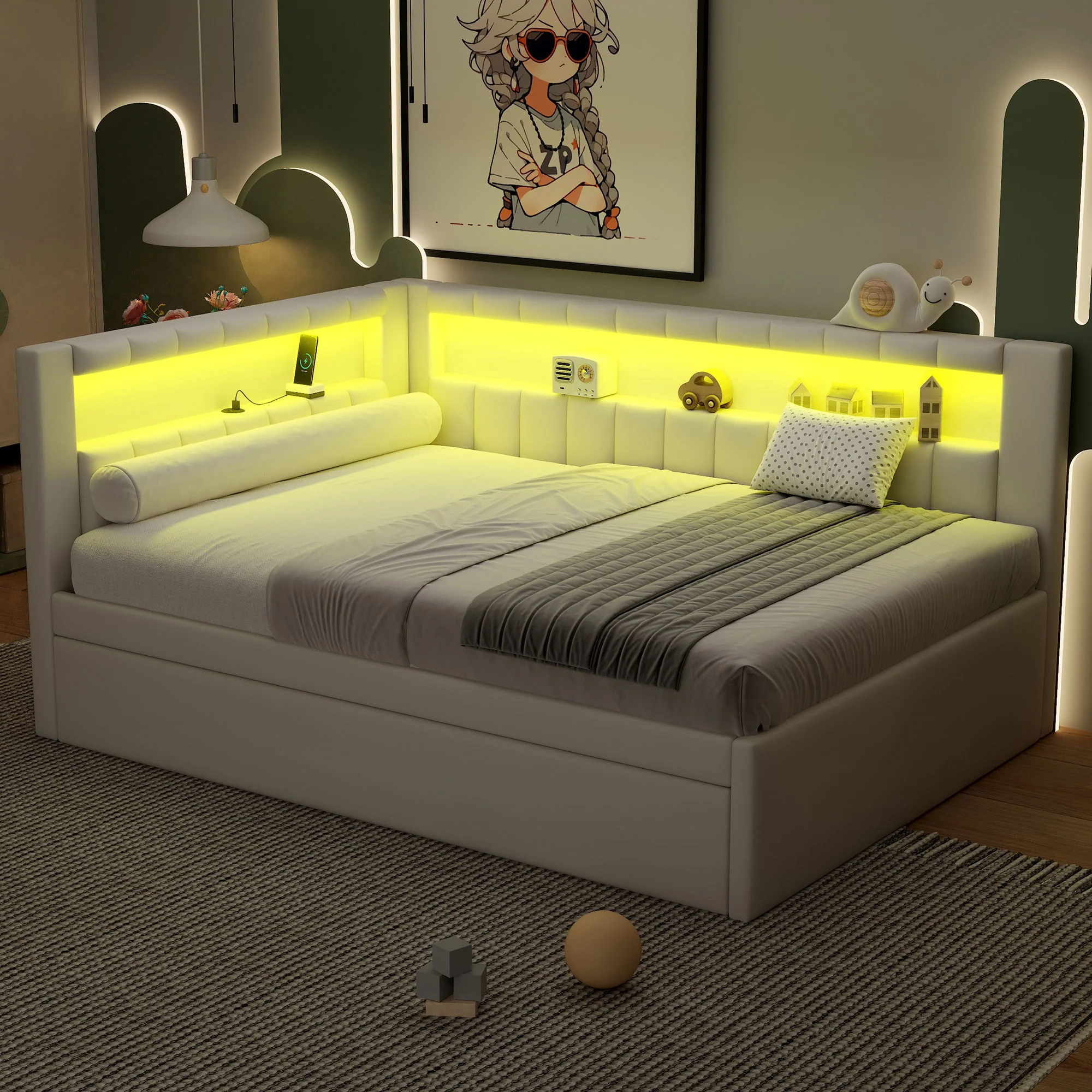 Upholstered Platform Bed With USB Ports And LED Belt - Image 21