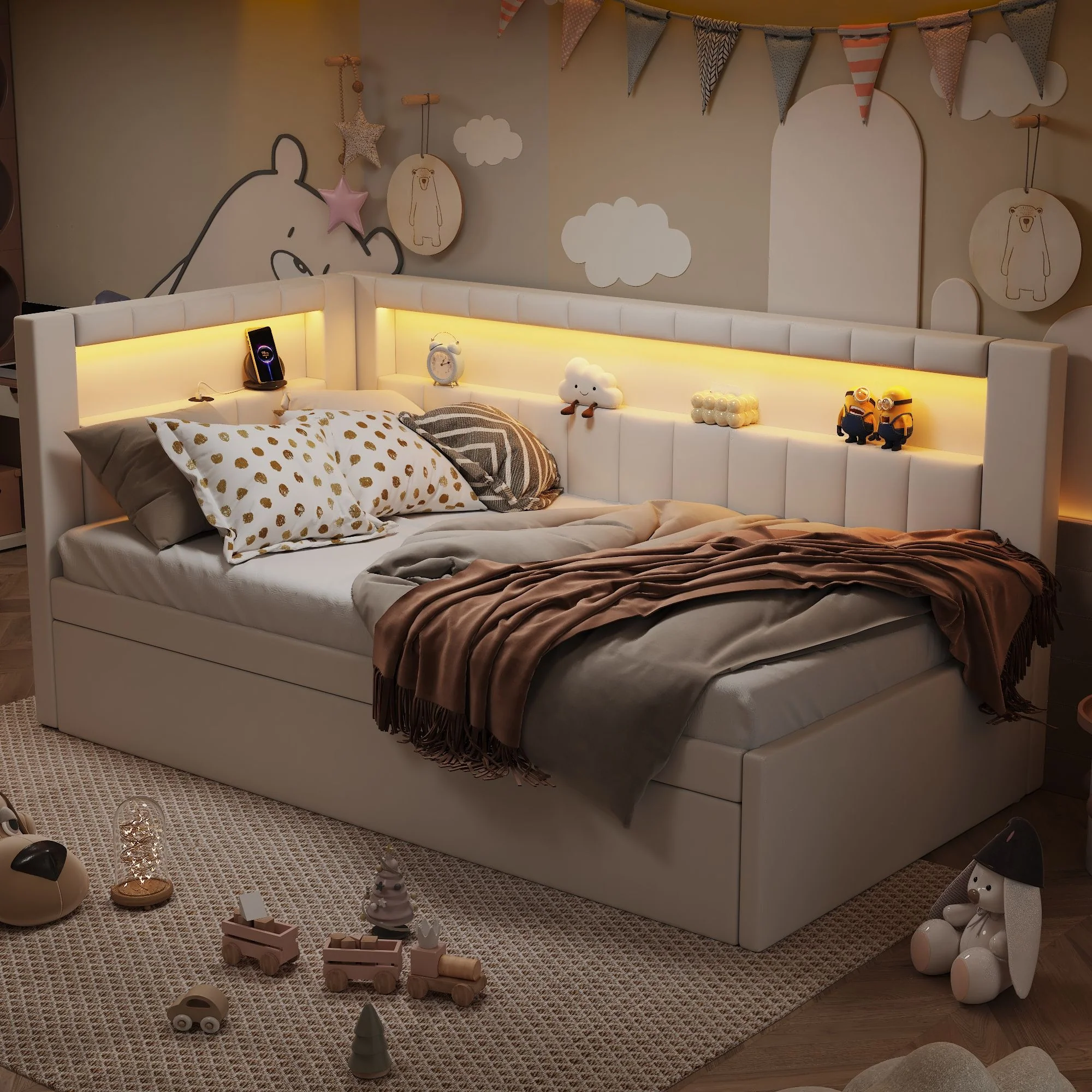 Upholstered Platform Bed With USB Ports And LED Belt - Image 8
