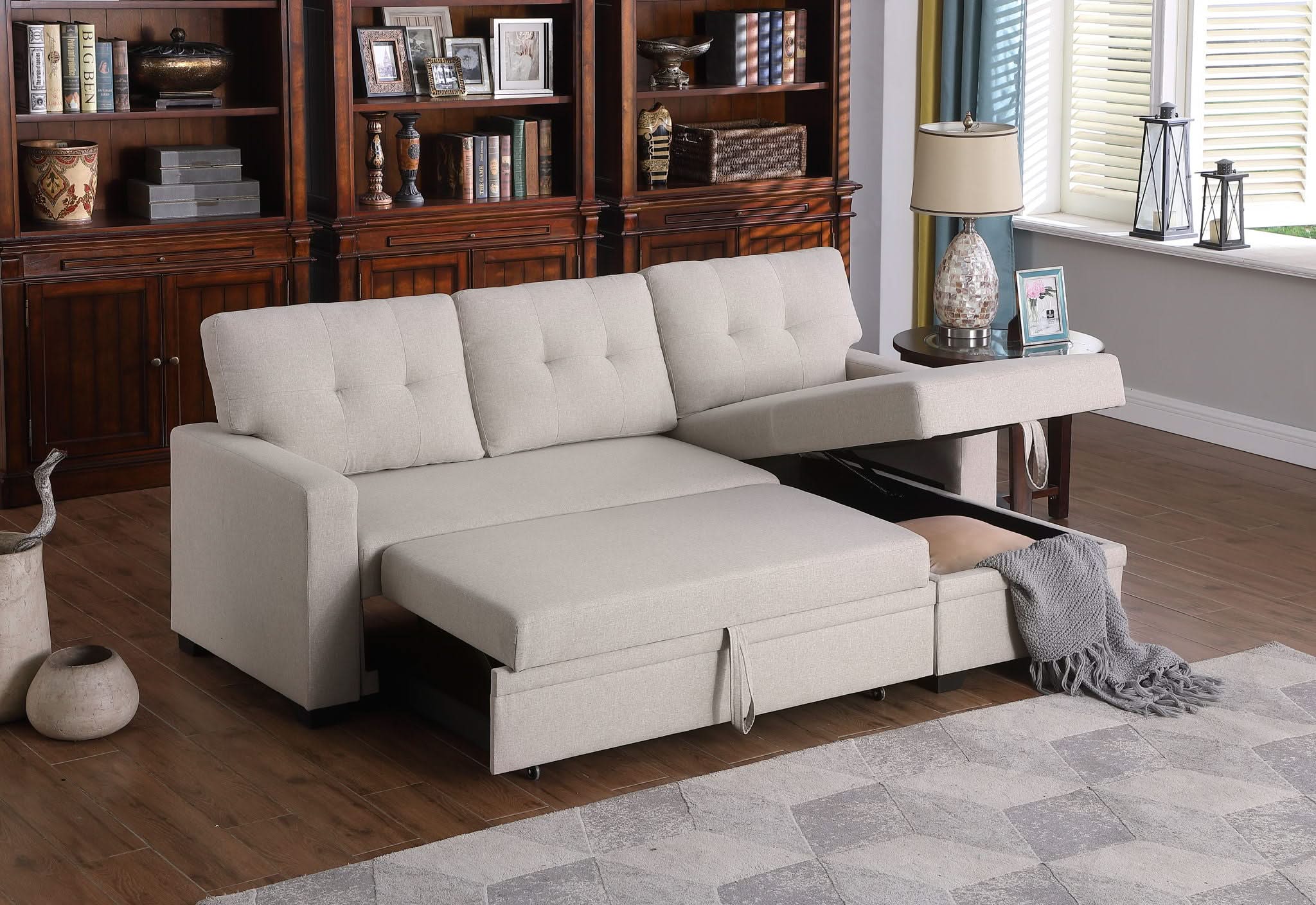 Upholstered Pull Out Sectional Sofa With Chaise - Image 6
