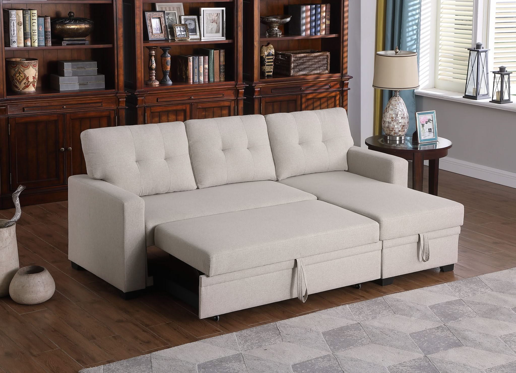 Upholstered Pull Out Sectional Sofa With Chaise - Image 7