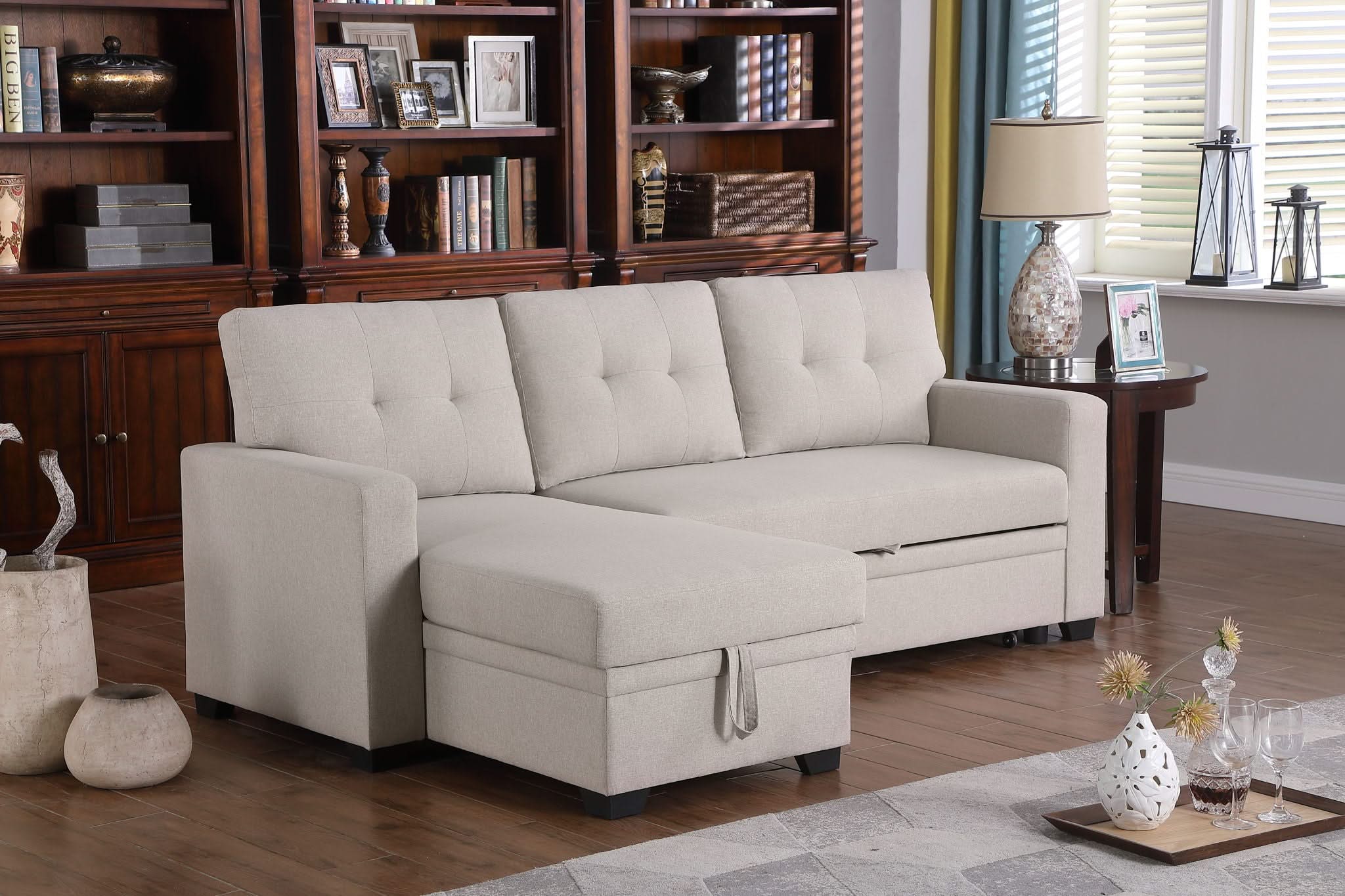 Upholstered Pull Out Sectional Sofa With Chaise - Image 8