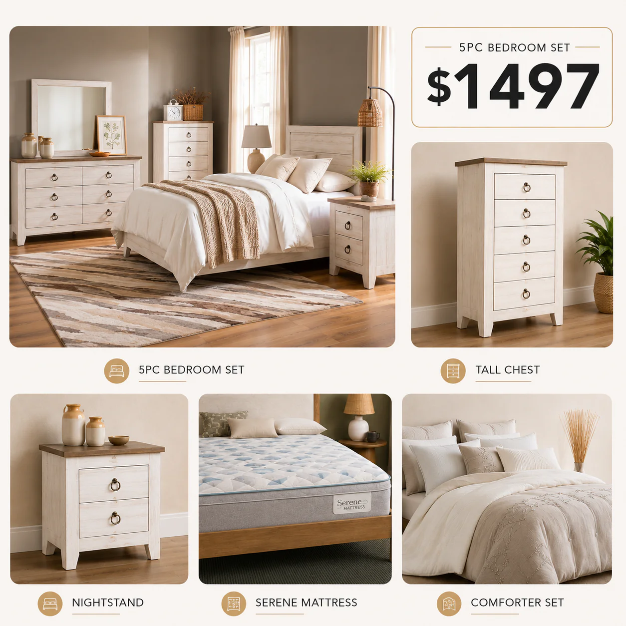 Urus White Rustic Farmhouse 13PC Queen Bedroom Package with Mattress & Comforter Set