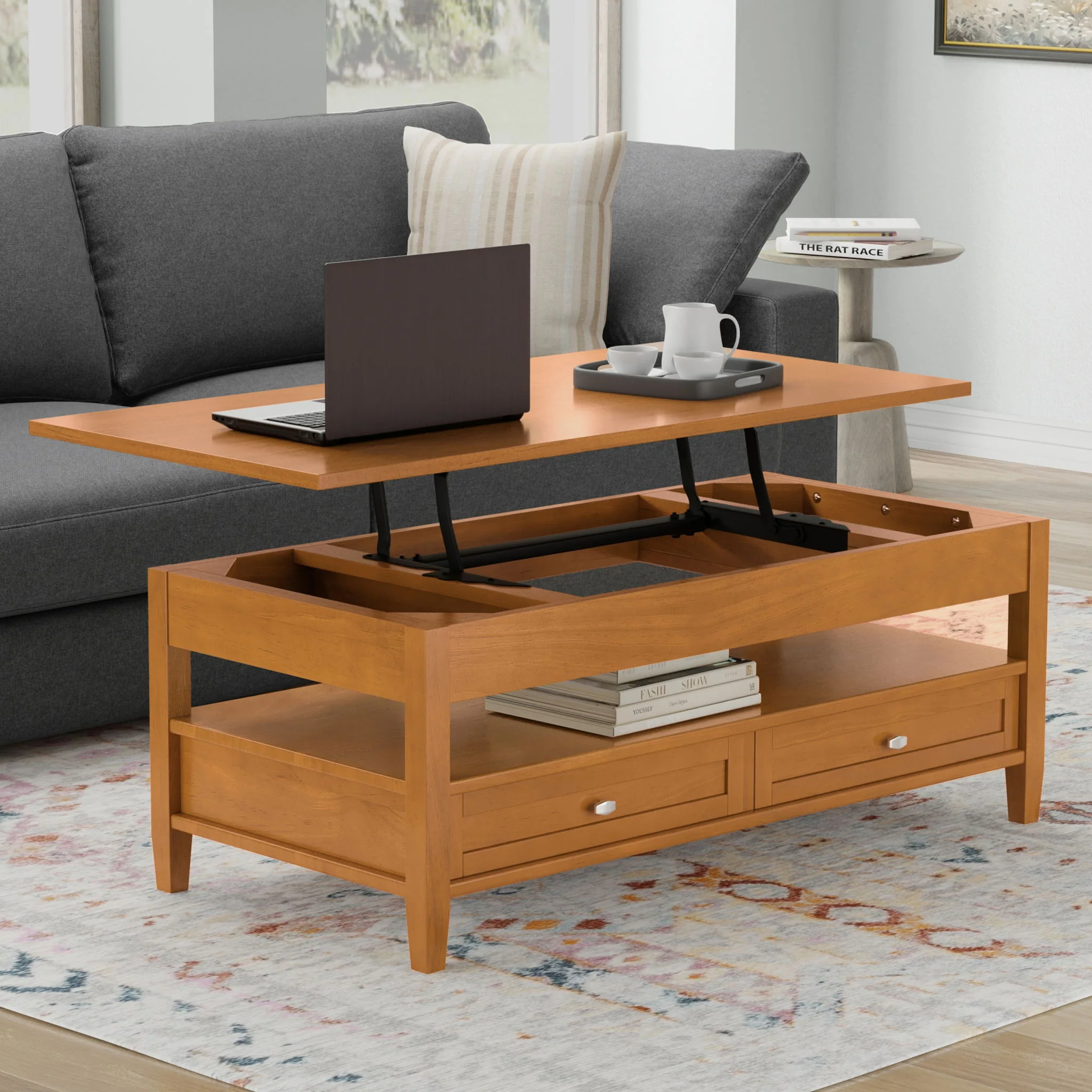 Warm Shaker - Lift Top Coffee Table With Hidden Storage And Lift Top Functionality - Brown - Image 3