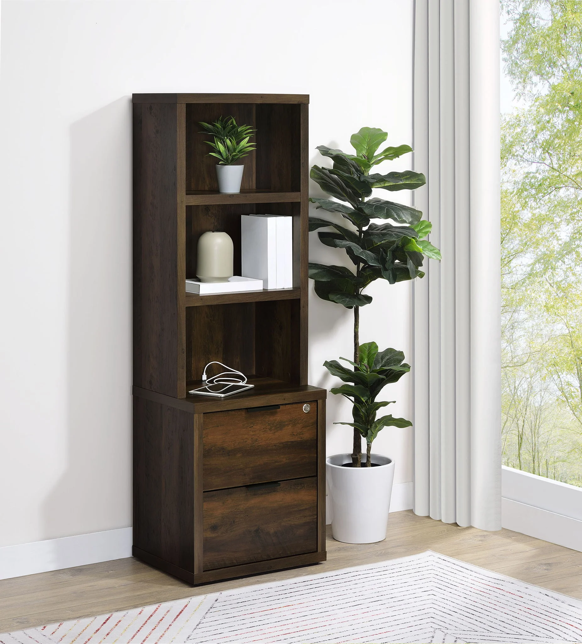 Westpark 3-shelf Bookcase USB and Lockable Drawer Dark Pine - Image 3