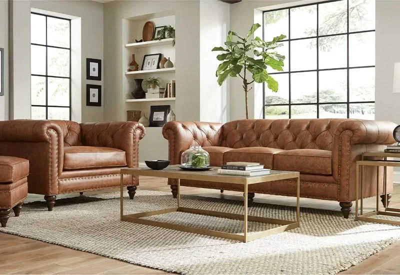 Winslow Brown Rustic Vintage Leather Living Room Set with Sofa, Loveseat and Toss Pillows