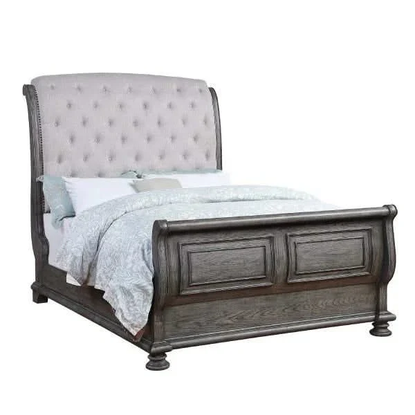 Woodlands Grey Oak Queen Sleigh Bed with Tufted Upholstered Headboard