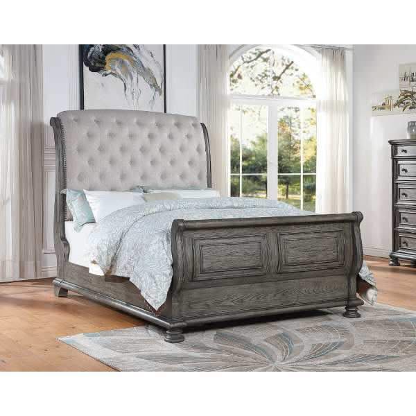 Woodlands Grey Oak Queen Sleigh Bed with Tufted Upholstered Headboard - Image 2
