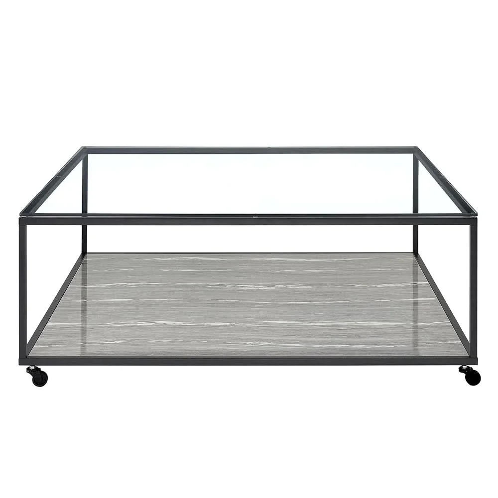 Yasmin Grey Contemporary Coffee Table with Tempered Glass Top and Shelf