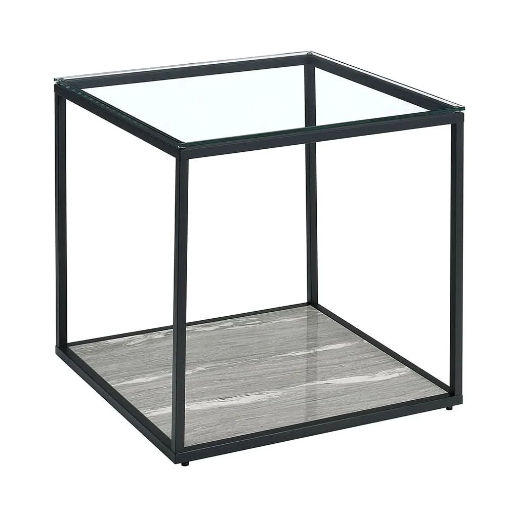 Yasmin Grey Contemporary End Table with Tempered Glass Top and Shelf