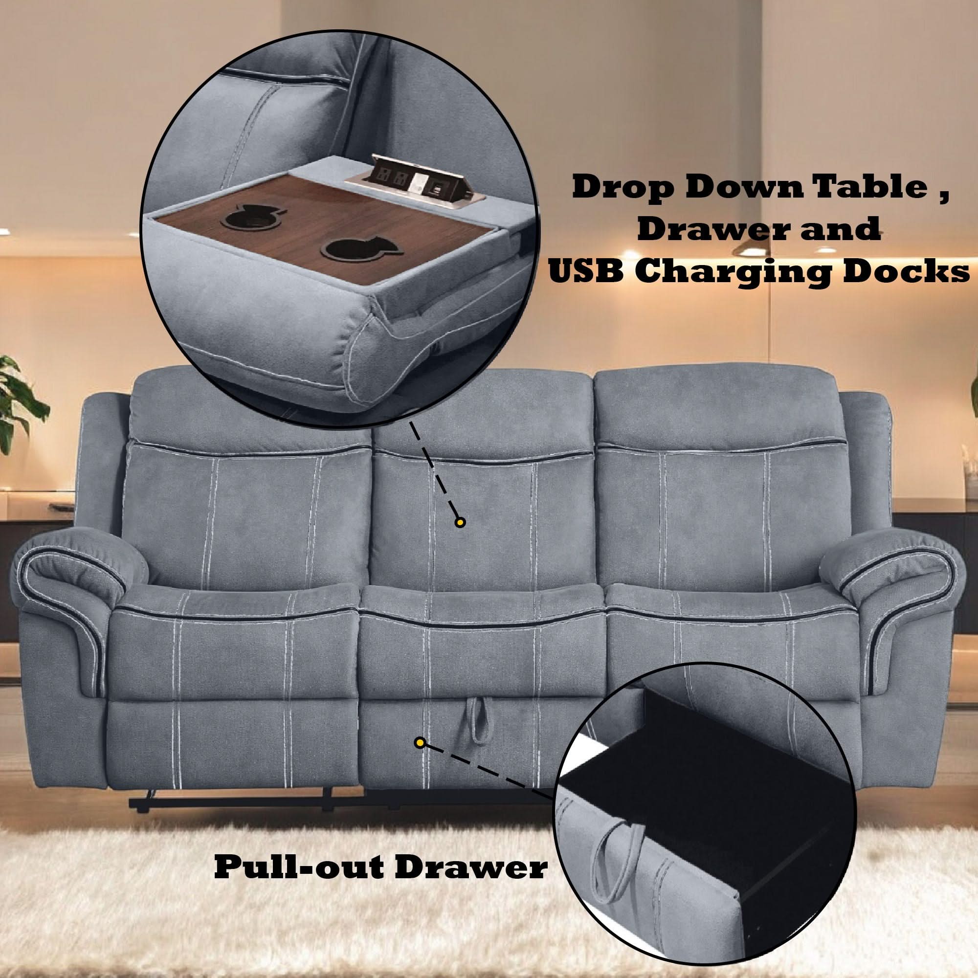 Zubaida - Two Tone Recliner Sofa With USB Port Drop Down Table - Image 7