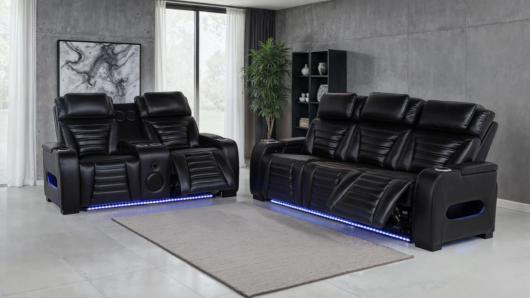 Zuma 2-piece Faux Leather Dual Power LED Sofa Set Black - Image 4
